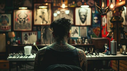 Fototapeta premium Confident serious Bearded adult tattooer master artist tattooed man with machine black ink. equipment for making tattoo art. tattoo artist in his workshop