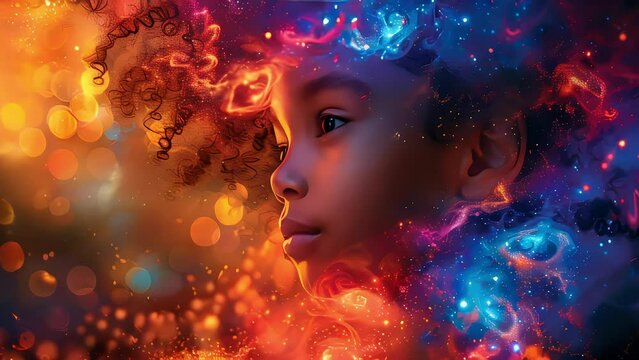 Video of young black skin girl with curly hair in a colorful, abstract space. Video is a representation of the girl's inner thoughts and emotions, emotional intelligence
