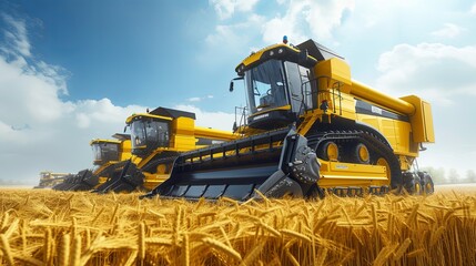 Three large, yellow agricultural combine harvesters operate in a golden wheat field under a clear, blue sky
