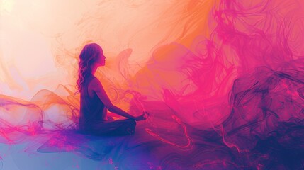 A woman is meditating in a cross-legged position, enveloped in swirling, vibrant hues of pink, purple, and orange abstract background