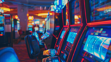 Obraz premium Slot machine area in a casino, vibrant lights and sounds creating an energetic atmosphere