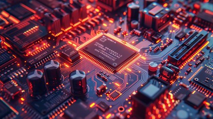 Fototapeta premium Detailed macro shot of a lit-up circuit board with CPU and electronic components, showcasing the intricacies of technology