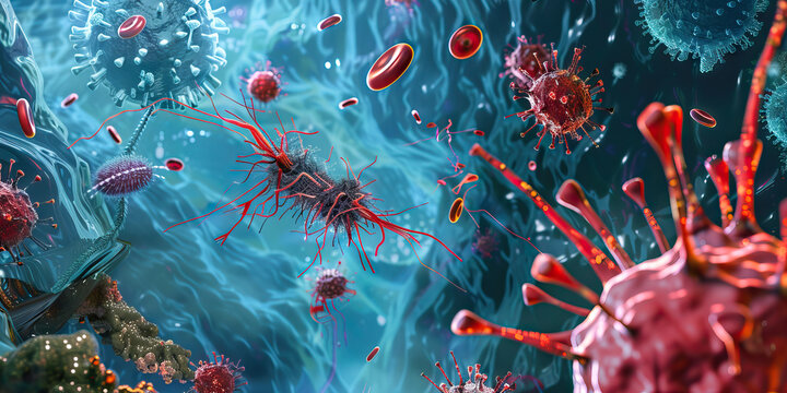 Viral parthenogenesis showing how novel virus attacks and control the body. microscopy. Microscopic view. close up. 3D.