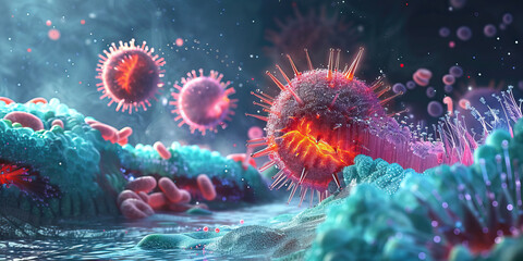 Viral Replication: An illustration depicting the replication process of the novel virus inside a host cell, highlighting the key stages such as attachment, entry, replication, assembly, and release