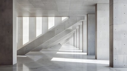 Fototapeta premium Architectural Minimalist Hallway with Geometric Concrete Stairs and Patterns