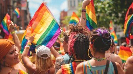 Crowd celebrating with rainbow flags at a public event