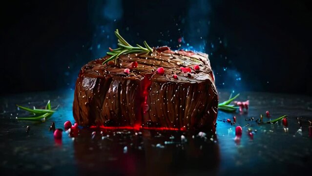 A juicy steak with rosemary and peppercorns on a black background.