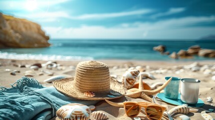 Obraz premium Beach Accessories On Table On Beach - Summer Holidays