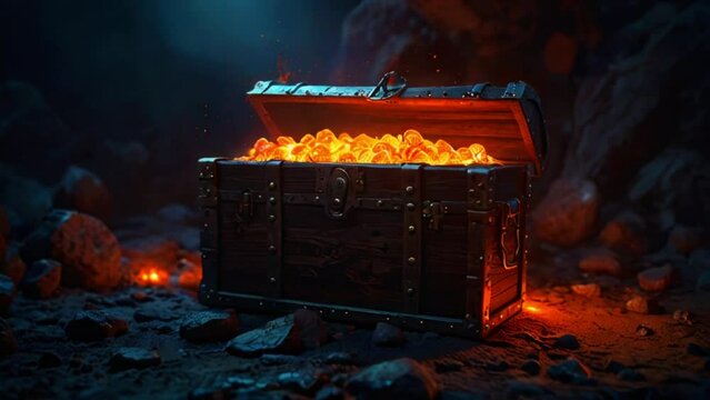 There is a treasure chest filled with gold coins and jewels. The chest is open and the coins and jewels are glowing. The chest is in a dark place, perhaps a cave or a dungeon.