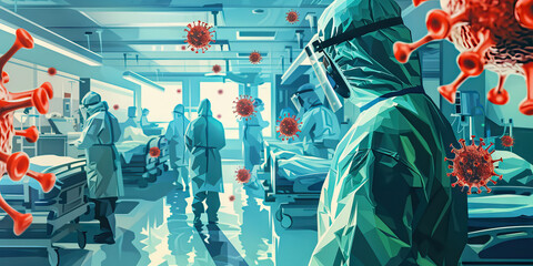 Impact on Healthcare Systems: An illustration showing the strain on healthcare systems caused by a new disease outbreak, with hospitals overwhelmed, medical supplies in high demand, and healthcare wor