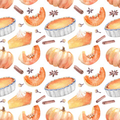 Watercolor pumpkin pie ingredients seamless pattern. Hand painted illustration on white