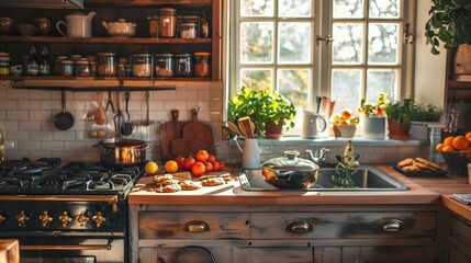 A rustic farmhouse kitchen with a pot of simmering spiced cider on the stove and homemade cookies...