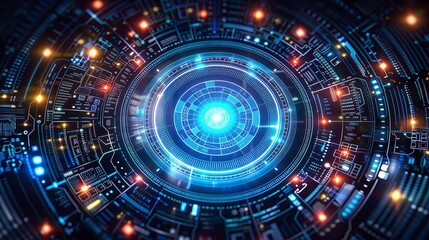An abstract image with a central blue glowing circle surrounded by red lights, simulating a cybernetic network