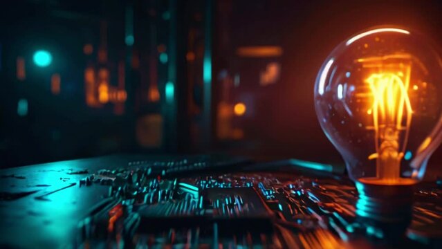 A light bulb on top of a circuit board with a green background.