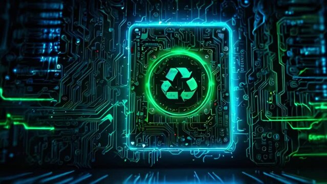 A green and blue circuit board with a glowing green recycle symbol in the center.