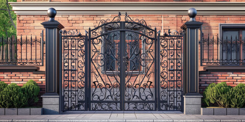 Metal garden work, intricate wrought iron fencing and elegant gates surround the private home's grounds. © Katerina Bond