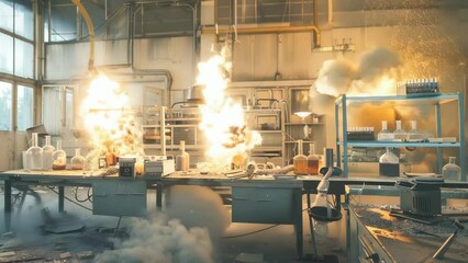 super slow motion intense explosion in a scientific laboratory setting 