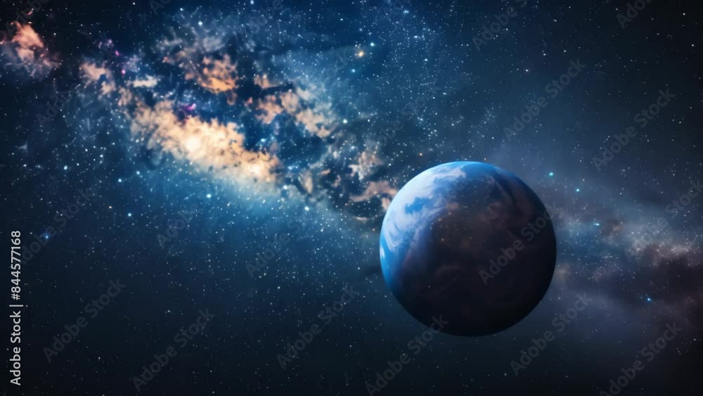 Poster Earth in outer space with illuminated cities and the Milky Way galaxy in the background. High-resolution digital artwork. Astronomy and space exploration concept.