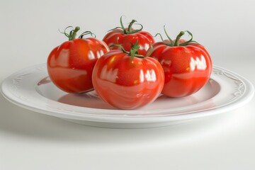 Fresh red tomatoes on white plate, vibrant and juicy, perfect for healthy eating and culinary delight