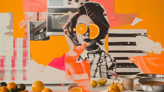 A collage sketch of a female housewife preparing a delicious meal or orange juice