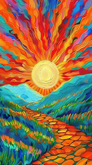 Radiant Abstract Sunrise Over Colorful Landscape, Vibrant Sky and Pathway