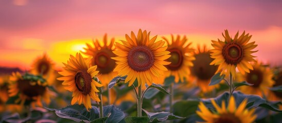 Sunflowers in full bloom set against a vibrant sunset backdrop