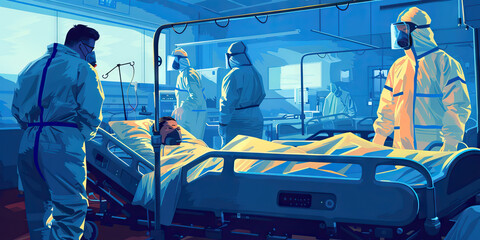 Quarantine Measures: A scene showing people being quarantined in isolation units to prevent the spread of a new disease, with medical personnel monitoring their condition and providing care