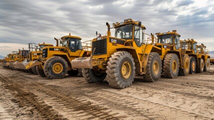 A fleet of yellow Caterpillar wheel loaders parked in a row on a construction site with cloudy skies