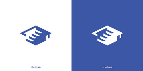 Study Up Logo Designs. Toga Hat and Staircase with Minimalist Style. Education Logo, Icon, Symbol, Vector, Design Template.
