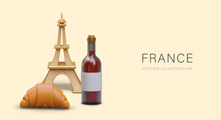 Creative concept of France in 3D style. Metal Eiffel Tower, bottle of red wine, croissant