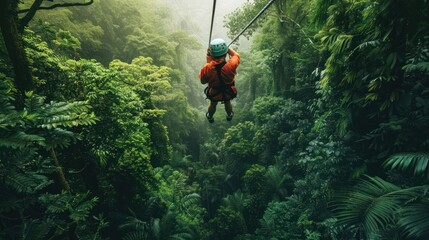 A thrill-seeker ziplining through a lush, green canopy, experiencing the adrenaline rush