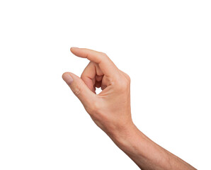 Hand holding a little bit of something, isolated on white background. Gesture indicating a pinch or...