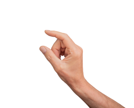 Hand holding a little bit of something, isolated on white background. Gesture indicating a pinch or small grasp, ideal for interaction and communication concepts. Close up view, transparent PNG