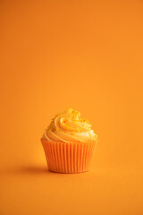 Delicious orange cupcake on orange background with orange zest