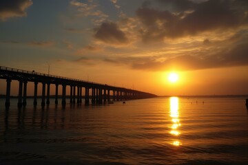 Fototapeta premium Serene sunset over a tranquil sea with a silhouette of a pier extending into the horizon