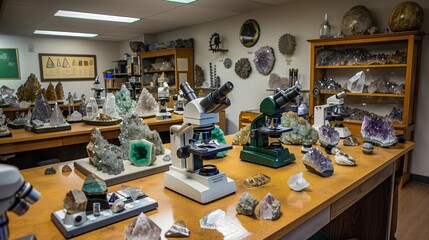 Obraz premium A specialized geology lab with rock samples, crystal models, and microscopes for analyzing minerals and structures.