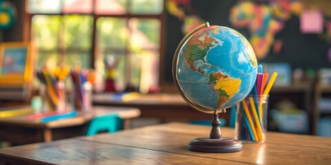 A school classroom scene featuring a desk with a globe, colorful pencils, pens, and educational supplies, indicating a vibrant and engaging learning environment.