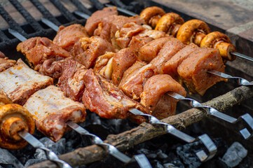 Grilled pieces of pork meat and mushrooms on metal skewers. Shashlik or shish kebab prepared on barbecue grill over hot charcoal with grilled vegetables.