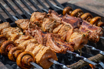 Grilled pieces of pork meat and mushrooms on metal skewers. Shashlik or shish kebab prepared on barbecue grill over hot charcoal with grilled vegetables.