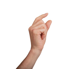 Hand holding a little bit of something, isolated on white background. Gesture indicating a pinch or...