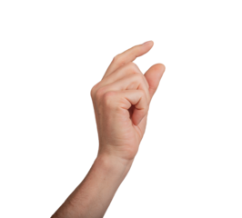 Hand holding a little bit of something, isolated on white background. Gesture indicating a pinch or small grasp, ideal for interaction and communication concepts. Close up view, transparent PNG