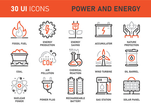 Vector set of power and energy flat line web icons. Each icon with adjustable strokes neatly designed on pixel perfect 48X48 size grid. Fully editable and easy to use.