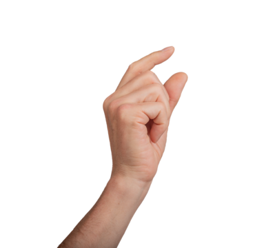 Hand holding a little bit of something, isolated on white background. Gesture indicating a pinch or small grasp, ideal for interaction and communication concepts. Close up view, transparent PNG