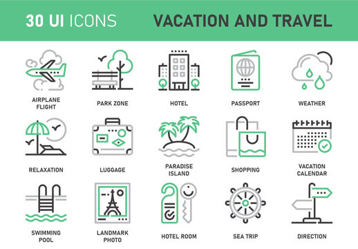 Vector set of travel and vacation flat line web icons. Each icon with adjustable strokes neatly designed on pixel perfect 48X48 size grid. Fully editable and easy to use.
