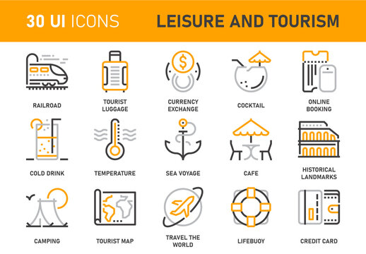 Vector set of leisure and tourism flat line web icons. Each icon with adjustable strokes neatly designed on pixel perfect 48X48 size grid. Fully editable and easy to use.