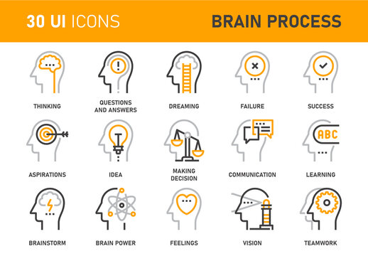 Vector set of thinking and brain process flat line web icons. Each icon with adjustable strokes neatly designed on pixel perfect 48X48 size grid. Fully editable and easy to use.