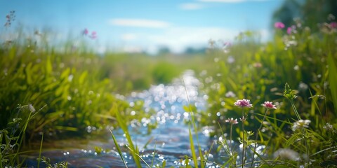 Fototapeta premium grass and flowers, Spring Brook Refreshing blurred background image of a small brook running through a green meadow, with wildflowers and a clear blue sky.