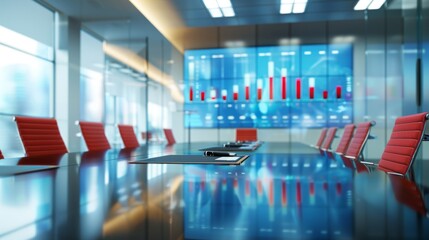 Obraz premium A sleek and modern boardroom with red office chairs, reflecting glass table, and an interactive display with graphs in the background