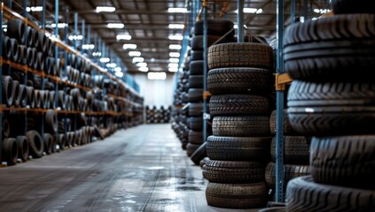 A neatly organized warehouse aisle filled with rows of various stacked tires