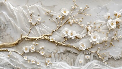 A luxurious 3D illustration of white marble textured background with gold branches and white flowers